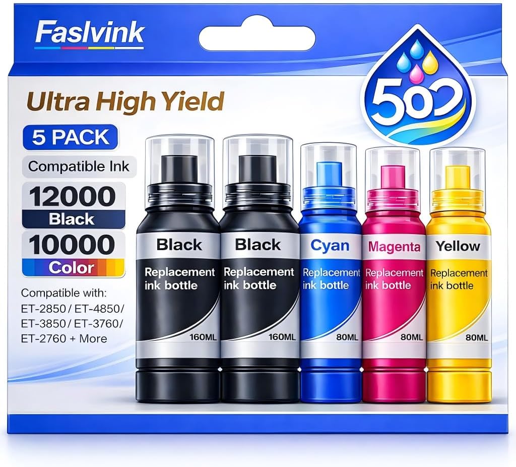 Replacement for Epson 502 Ink Refill Bottles 5 Pack Compatible with Epson Ink 502 for EcoTank ET-2850 ET-3850 ET-4850 ET-2760 ET-2750 ET-3760 Printers (2 Black, Cyan, Magenta, Yellow)