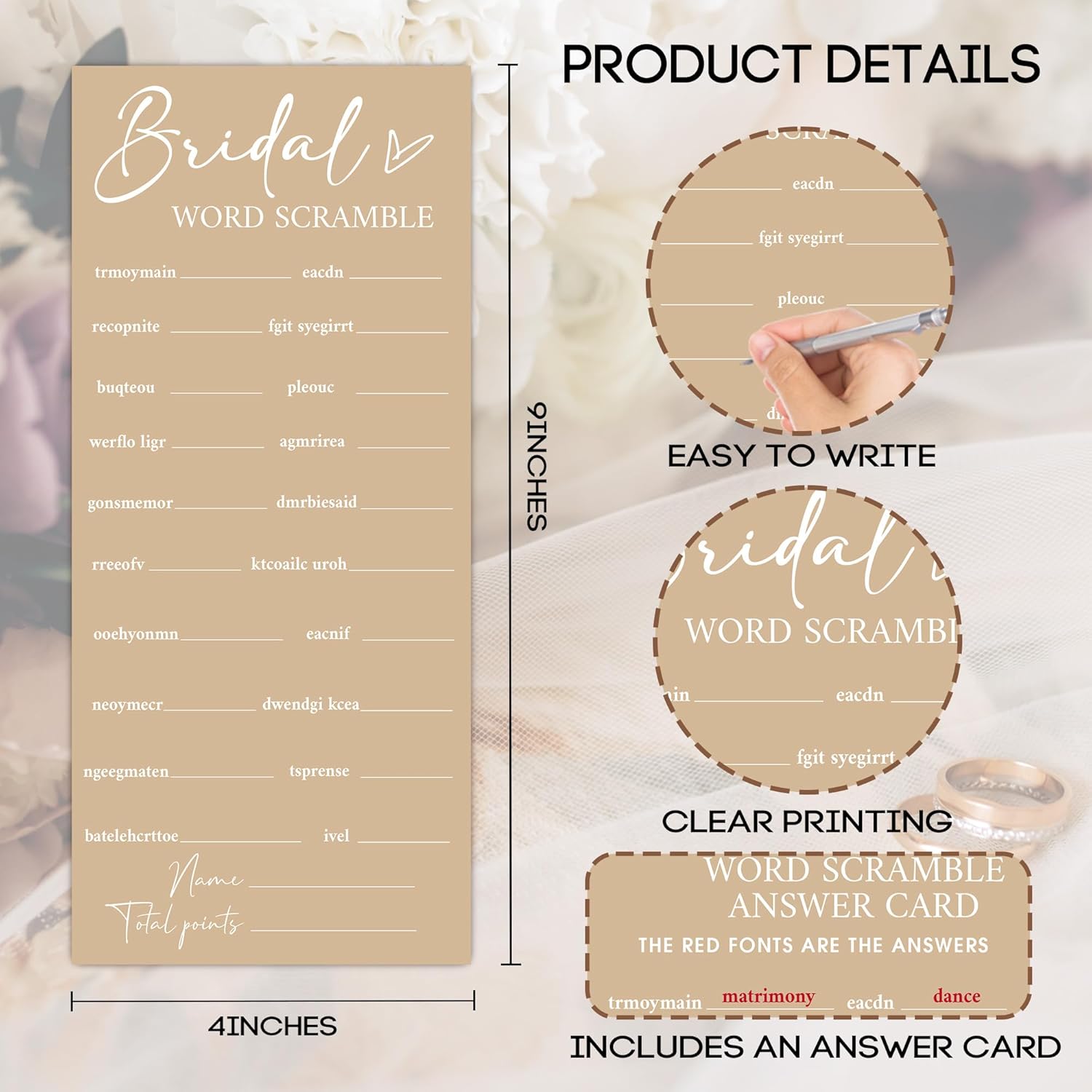 Minimalist Brown Wedding Shower Games Cards, Word Scramble, Bridal Shower Games, Engagement Party Wedding Card for 25 Guests, Bridal Party Supplies 4x9inch-A32
