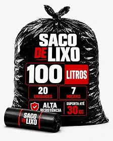 Saco de Lixo 100 L — Pacote com 20 Unidades, 7 Micras, Suporta até 30 kg — Alta Resistência e Praticidade para Cozinha, Casa e Escritório.