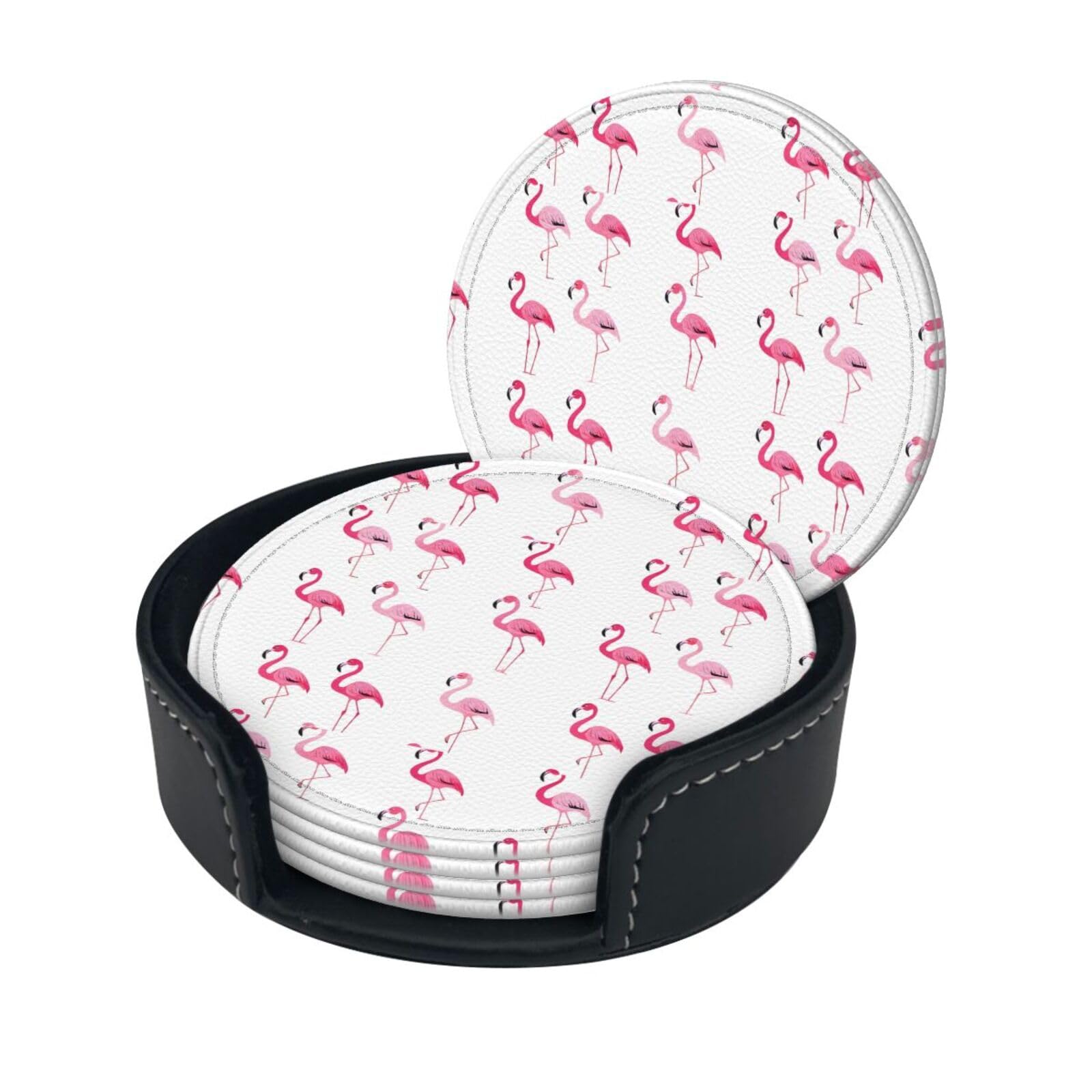 Flamingos On White Print Coaster,Round Leather Coasters with Storage Box for Wine Mugs,Cold Drinks and Cups Tabletop Protection (6 Piece)