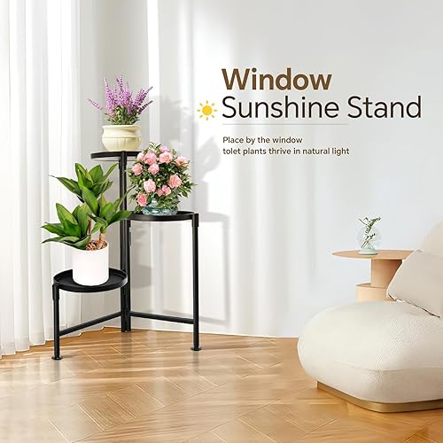 Miniatura 6 de Soporte para plantas de 3 niveles para interior, estante de metal para plantas al aire libre, soporte alto plegable de esquina para múltiples