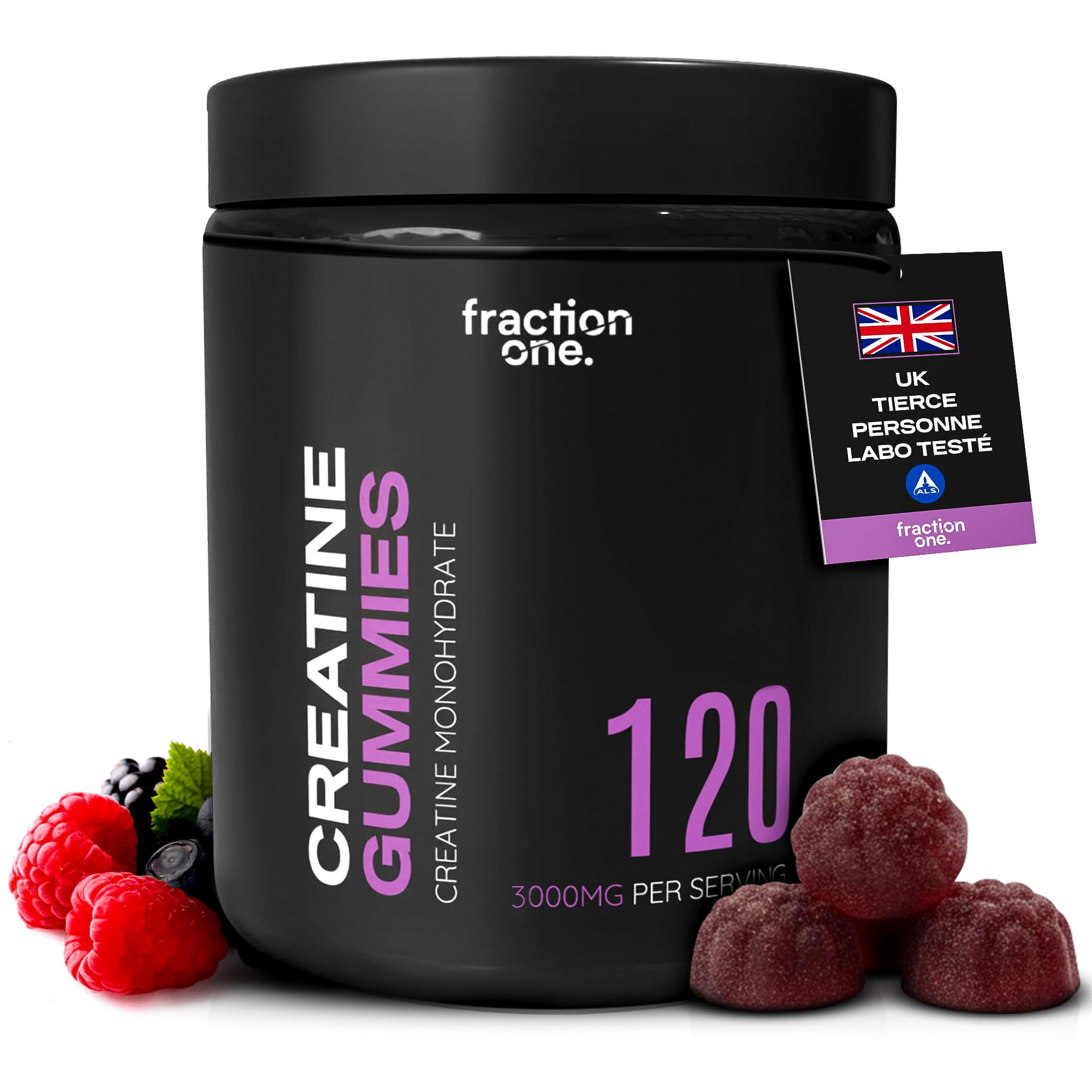 Fraction One Créatine Monohydrate 120 Gummies – Testé en laboratoire par un organisme tiers britannique, 60 jours d'utilisation – 3000 mg par portion, complément pré-entraînement