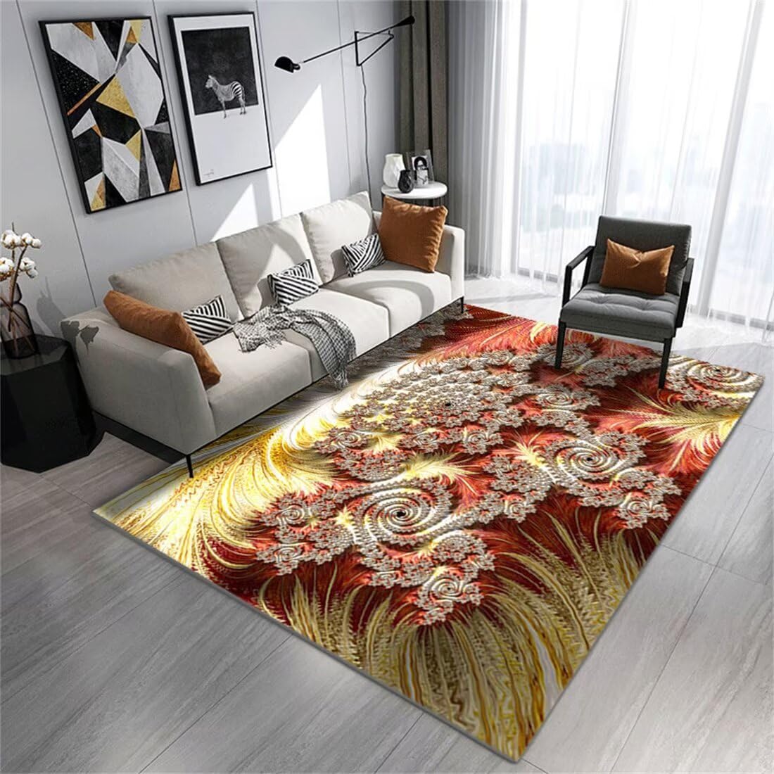 Tapis coloré salon design rouge et jaune avec motif abstrait moderne