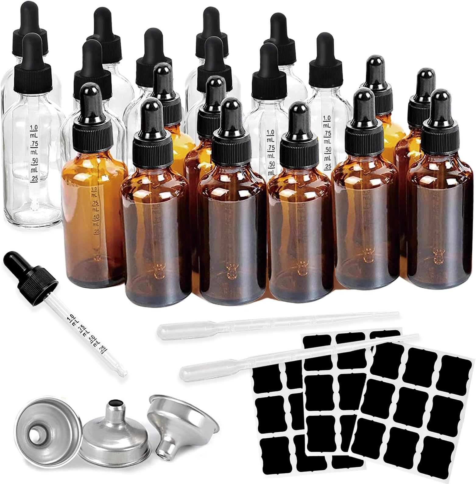 20Pack 2oz Glass Dropper Bottle,10 Amber 10 Clear 2 Oz Tincture Bottles with Measured Eye Dropper,Funnels & Long Dropper,60ml Leakproof Oil Dropper Bottle for Essential Oils,Liquids