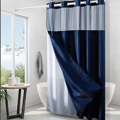 Miniatura 61 de Furlinic Cortina de ducha extra larga con tejido de gofre sin gancho con forro a presión, cortinas de baño de tela texturizada resistente