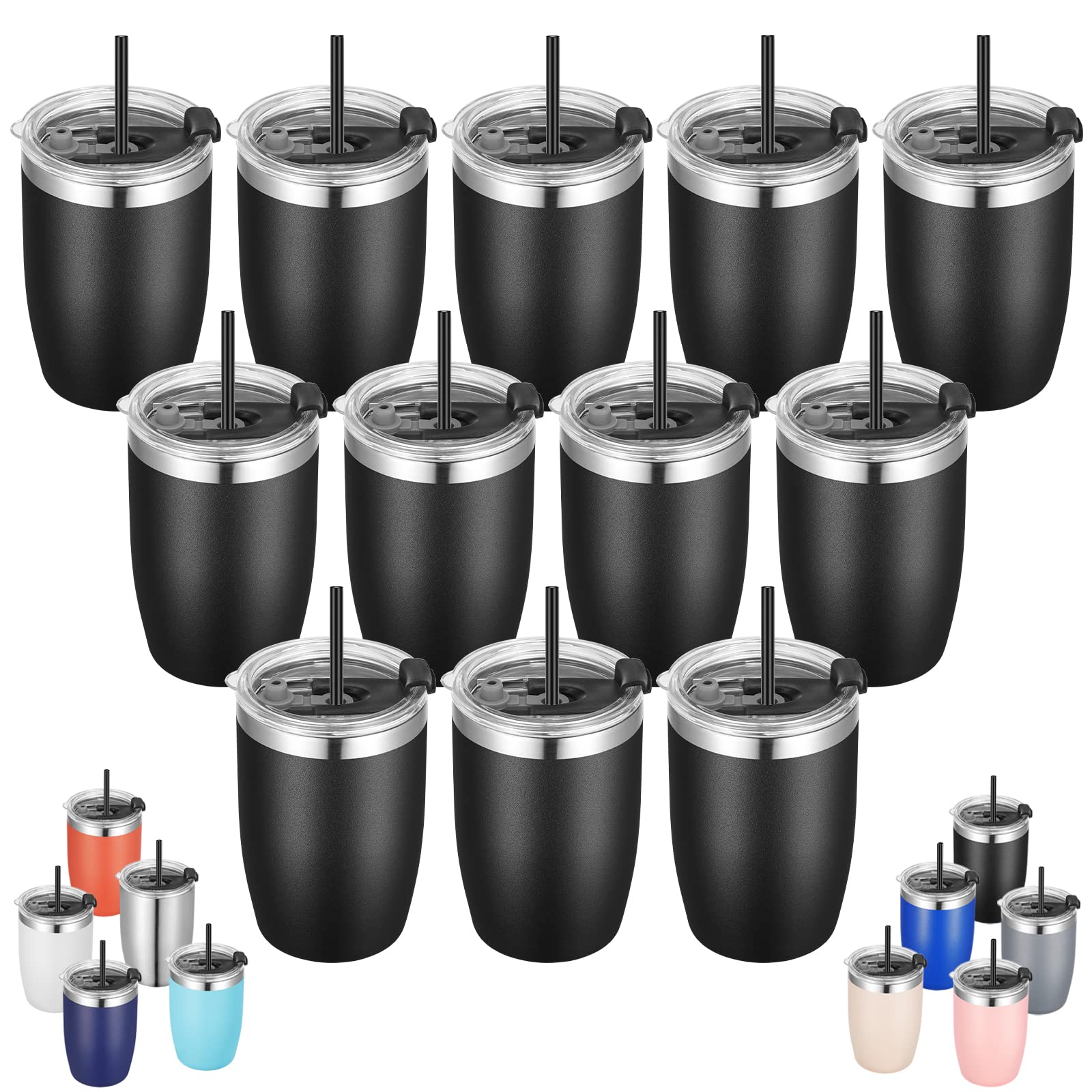 VEGOND Vasos de acero inoxidable de 12 onzas con aislamiento al vacío de doble pared con tapa y popote reutilizable, color negro, paquete de 12