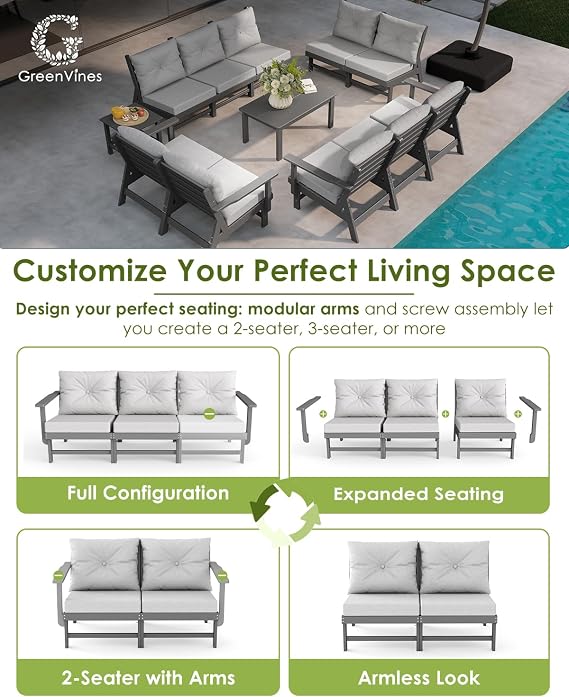 GREENVINES 6 Piece Patio Conversation Set, HDPE All Weather Couches, Gray
