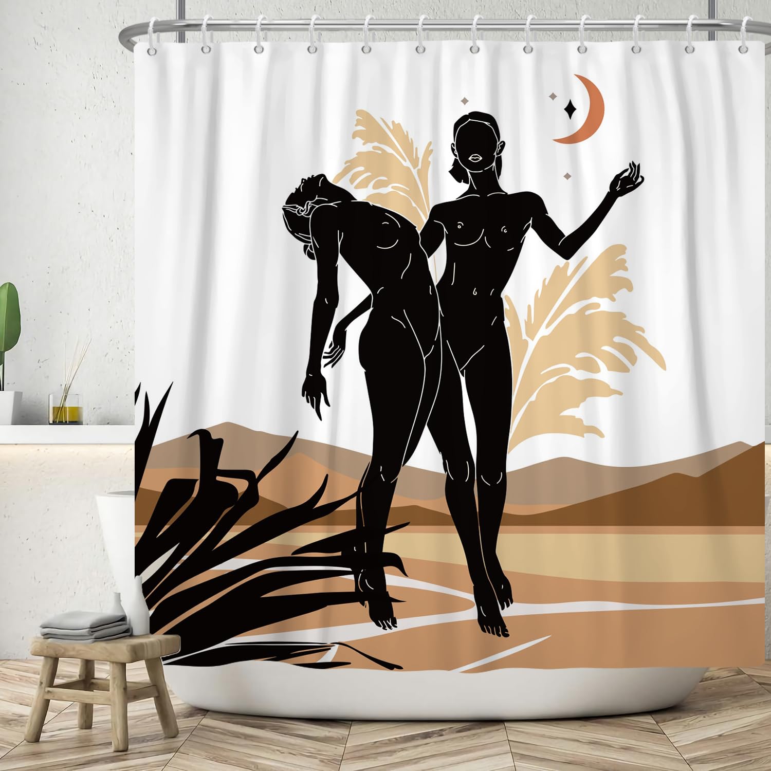 ASDCXZ Boho Shower Curtain 240x180 cm, Modern Abstract Art Girls Dancing Brown White Washable Bath Shower Curtains Polyester Textile Waterproof Shower Curtain for Bathtub with 12 Hook — image 1