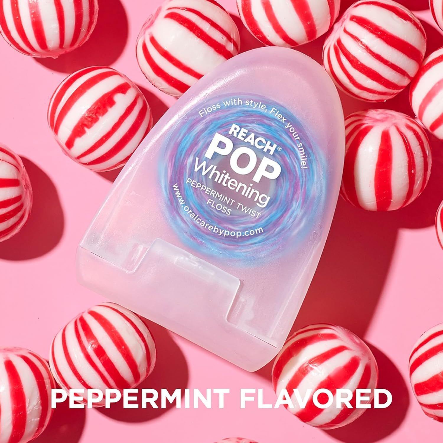 REACH POP Whitening Dental Floss – 2 Pack, Mint & Peppermint, Baking Soda Infused Vegan Wax, Teeth Whitening, Plaque Remover for Teeth, Shred Resistant, Cruelty Free, Oral Care, PFAS Free