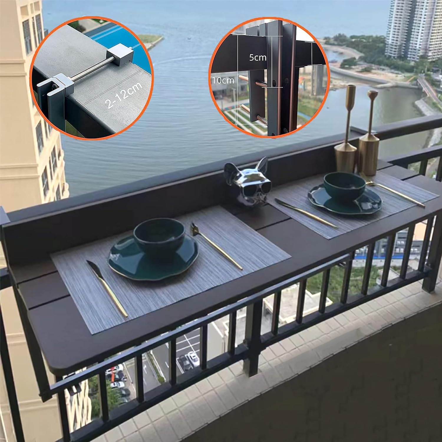 Folding Balcony Table for Railing - Adjustable Height Outdoor Deck Rail Hanging Desk, Space-Saving Portable Bar for Patio & Garden - Perfect for Small Spaces (Color: Brown)