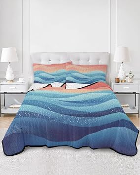 Twin Size Quilt Bedding Set, Blue Coastal Lightweight Soft Quilts Comforter, Summer Ocean Watercolor Geometric Waves Quilted Bedspread with 2 Pillow Covers for All Season 68" x 86"