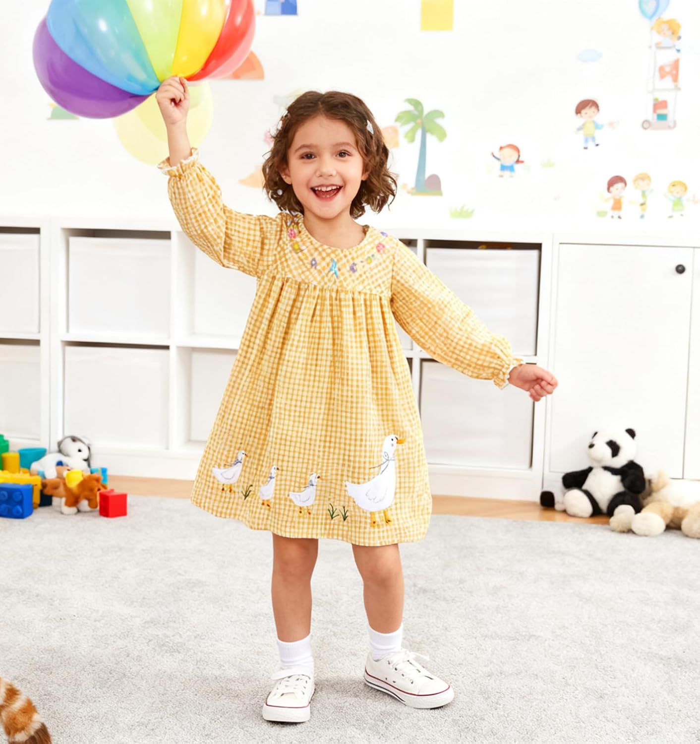 FreeLu Toddler Girls' Cotton Gingham Duck Embroidery Dress Long Sleeve Plaid Casual Dresses for 2-7 Years