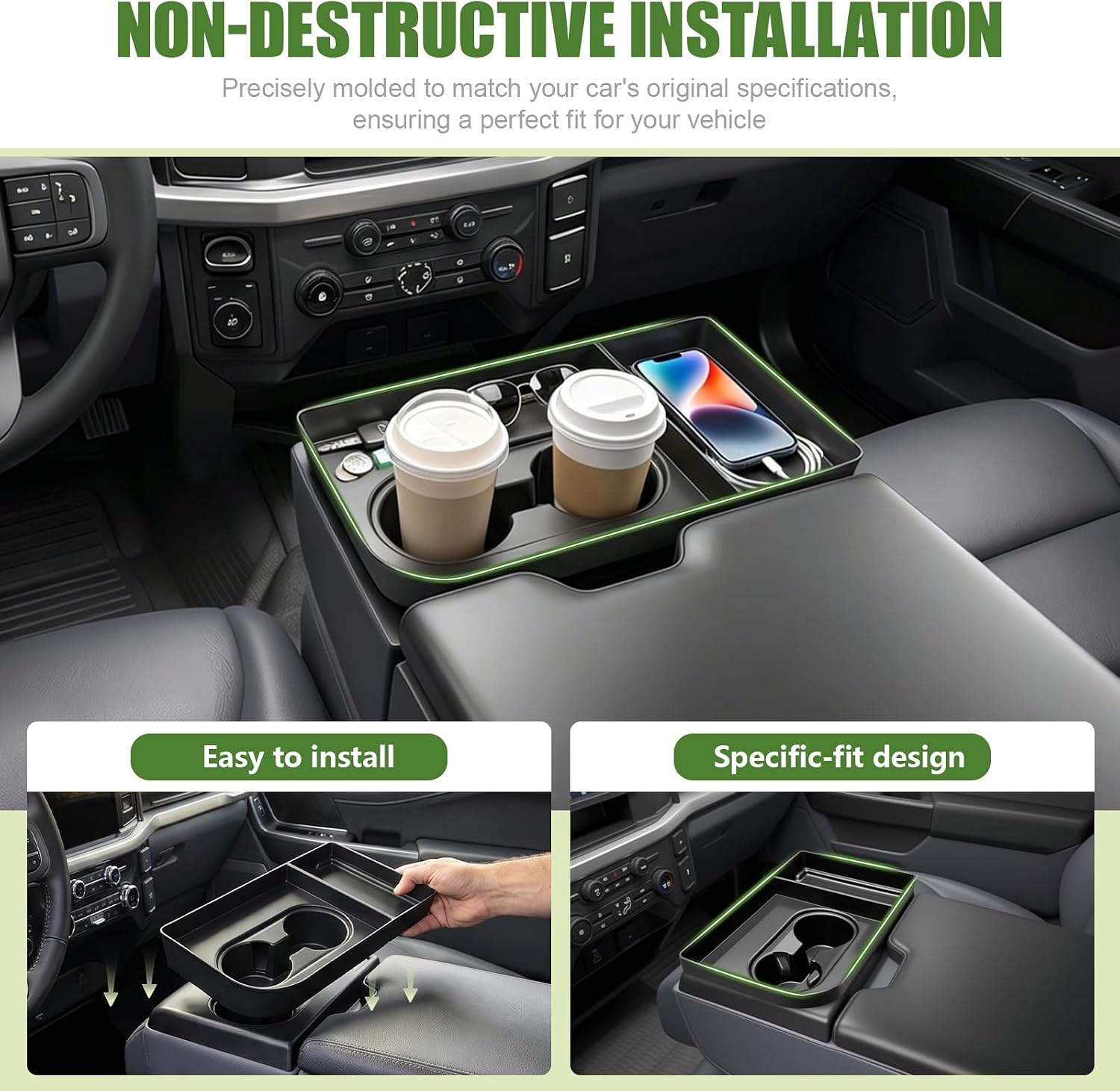 Center Console Cupholder Organizer for 2021-2025 Ford F150 & 2023-2026 F250 F350 F450 F550 F600 Super Duty Cup Holder Coaster Inserts Tray for Ford Super Duty Accessories(Jump Seat Only)