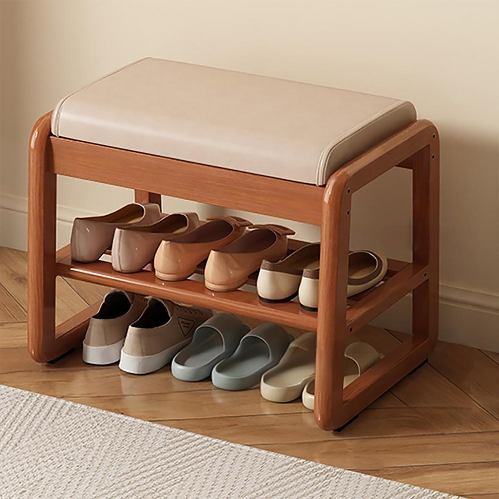 WJFTODAY Modern Rubberwood Shoe Bench with Leather Cushion 2 Tier Storage Ottoman for Entryway Bedroom Living Room Stylish Narrow Foot Stool for Hallway nization
