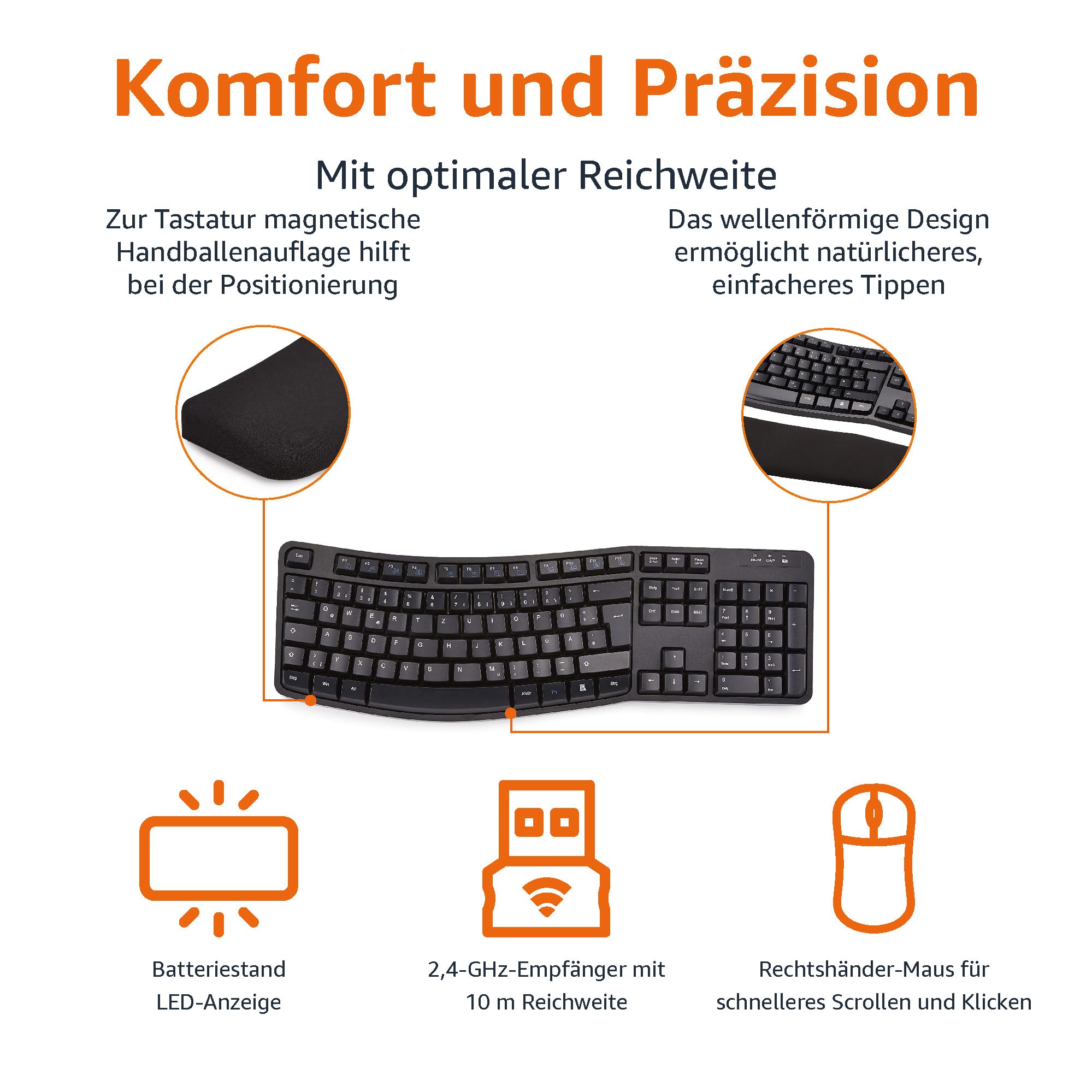 Amazon Basics Tastatur-Maus-Set, ergonomisch, kabellos, DE Layout - schwarz