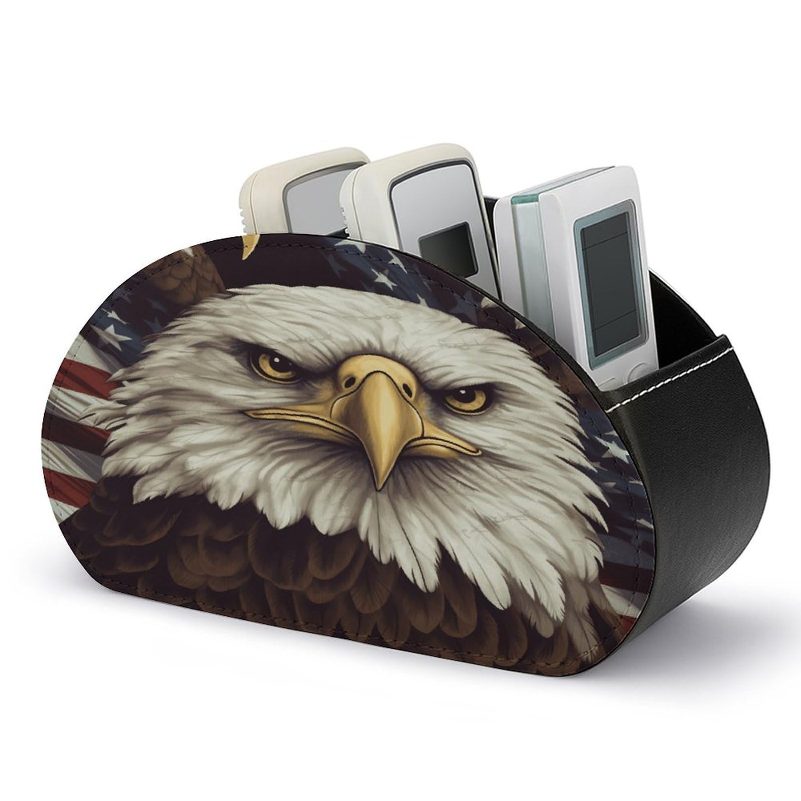 VstaDank Bald Eagle Remote Control Holder Farmhouse TV Media Remote Storage Box with 5 Compartments PU Leather Remote Caddy Desktop Organizer for Home Bedside Table Organizer