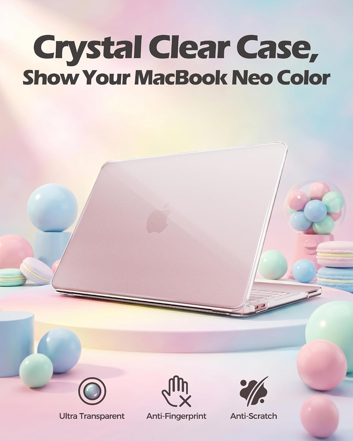 ProCase Clear Case for MacBook Neo 13 Inch 2026 Model A3404, Ultra-Thin Hard Shell Protective Laptop Cover with Keyboard Cover & 50 PCS Pink Stickers