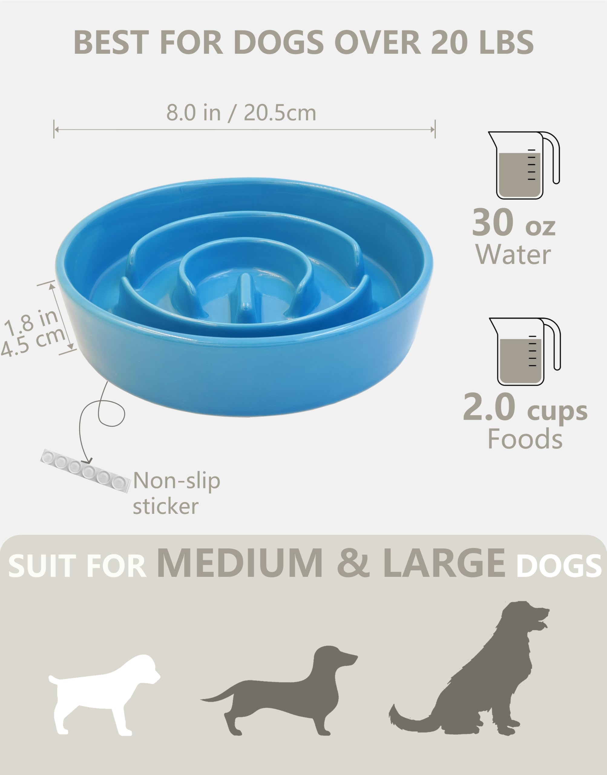 Ciotole Anti Ingozzamento per Cani Ceramica, 1000ml, Blu