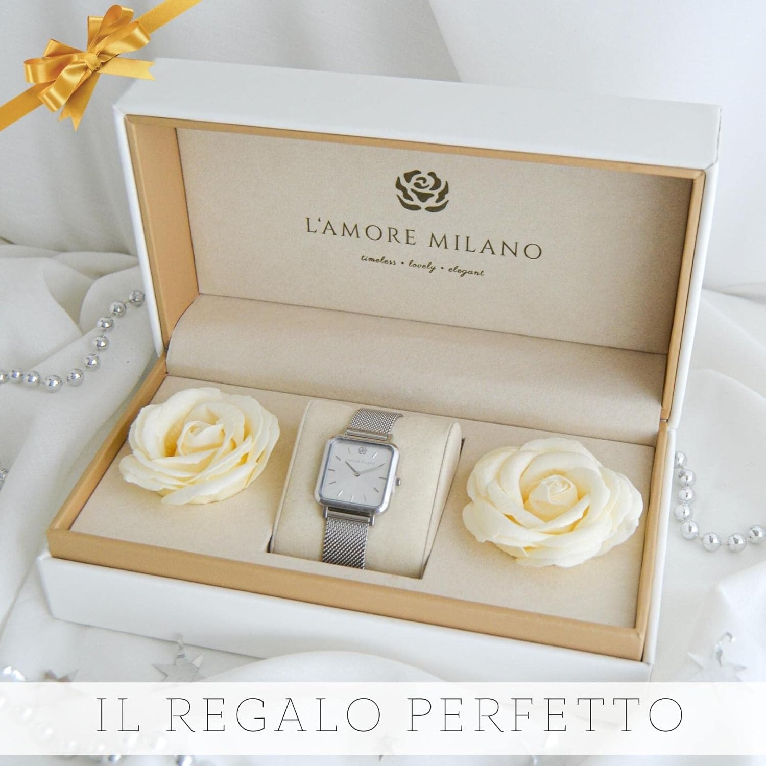 LAMORE MILANO - Orologio donna in scatola rose - Bel regalo donna fidanzata, mamma - Orologio di alta qualità in scatola regalo - Regali per lei - Elegante orologio oro rosa, argento, oro