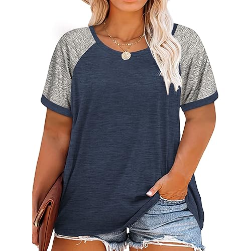ROSRISS Plus Size Tops for Women Summer Raglan Color Block T Shirts Short Sleeve Loose Fit Tee