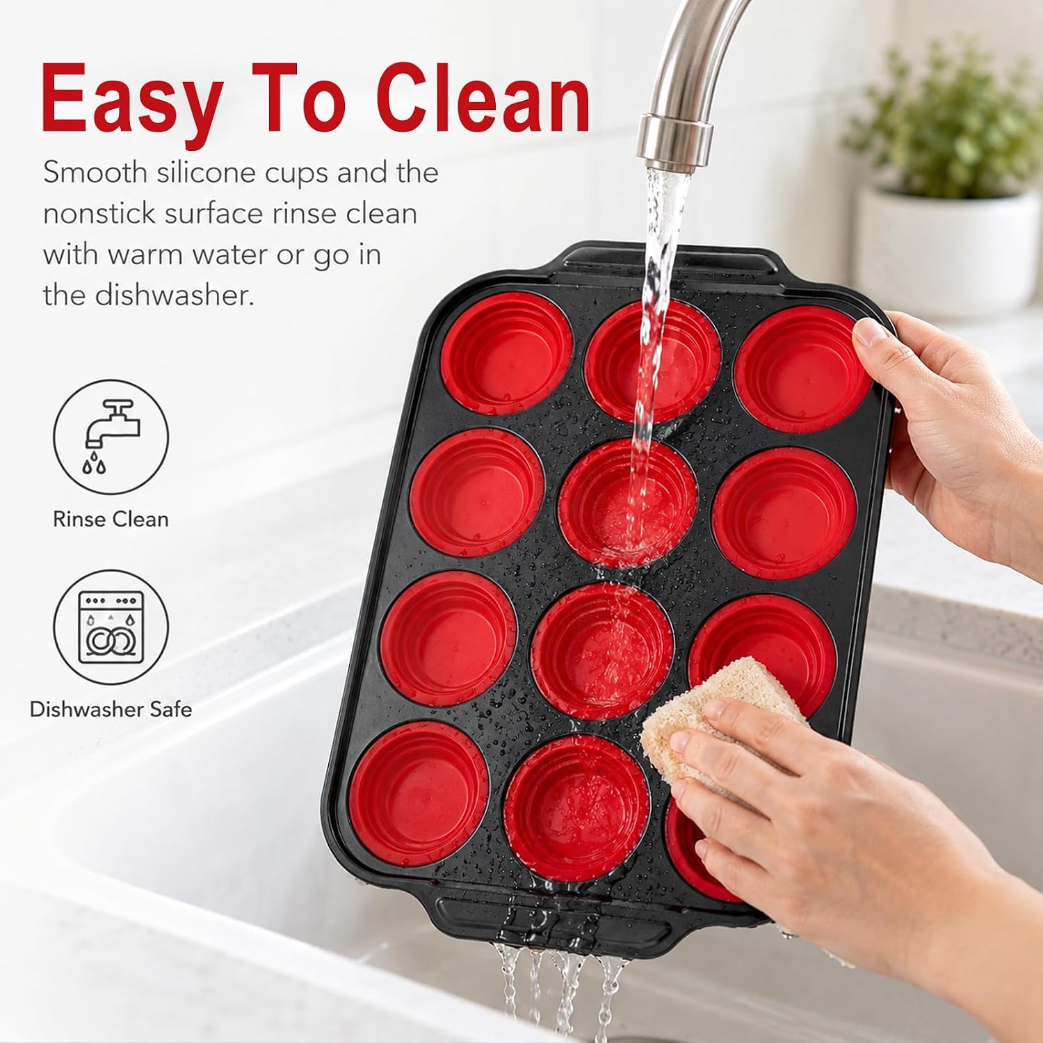 12-Cup Silicone Muffin Pans, Nonstick Egg Bite Molds for Baking, Food-Grade Cupcake Pan for Oven, Microwave, Dishwasher Safe, BPA-Free, Silicone Baking Mold for Muffins, Cupcakes, Egg Muffins, Red