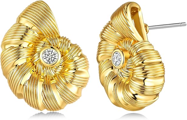 18K gold plated Knot Textured Nautilus Seashell Chunky CZ Statement Stud Earrings for Women by SNGIA, Coastal Round Button Twist Spiral Handmade Trendy Summer Sea Fan Studs Jewelry Gifts, Formal Swirl Flower Beachy Ocean Geometric Fashion Drop Accessories, Vintage Twisted Circle Nickle Free Floral Dangling Earrings.