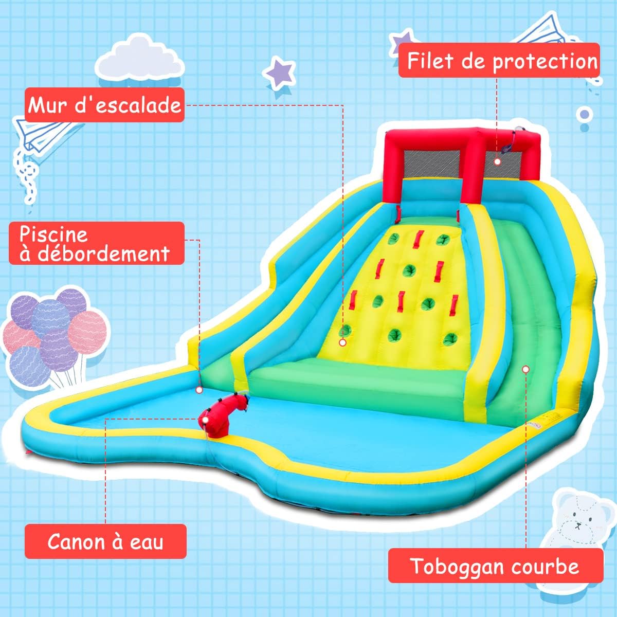 COSTWAY 5 en 1 Château Gonflable avec Souffleur 680W & Toboggan Aquatique & Pataugeoire, Aire de Jeux Gonflable avec Mur d'escalade, Canon à Eau, Charge 150kg pour 2-3 Enfants de 3-10 Ans