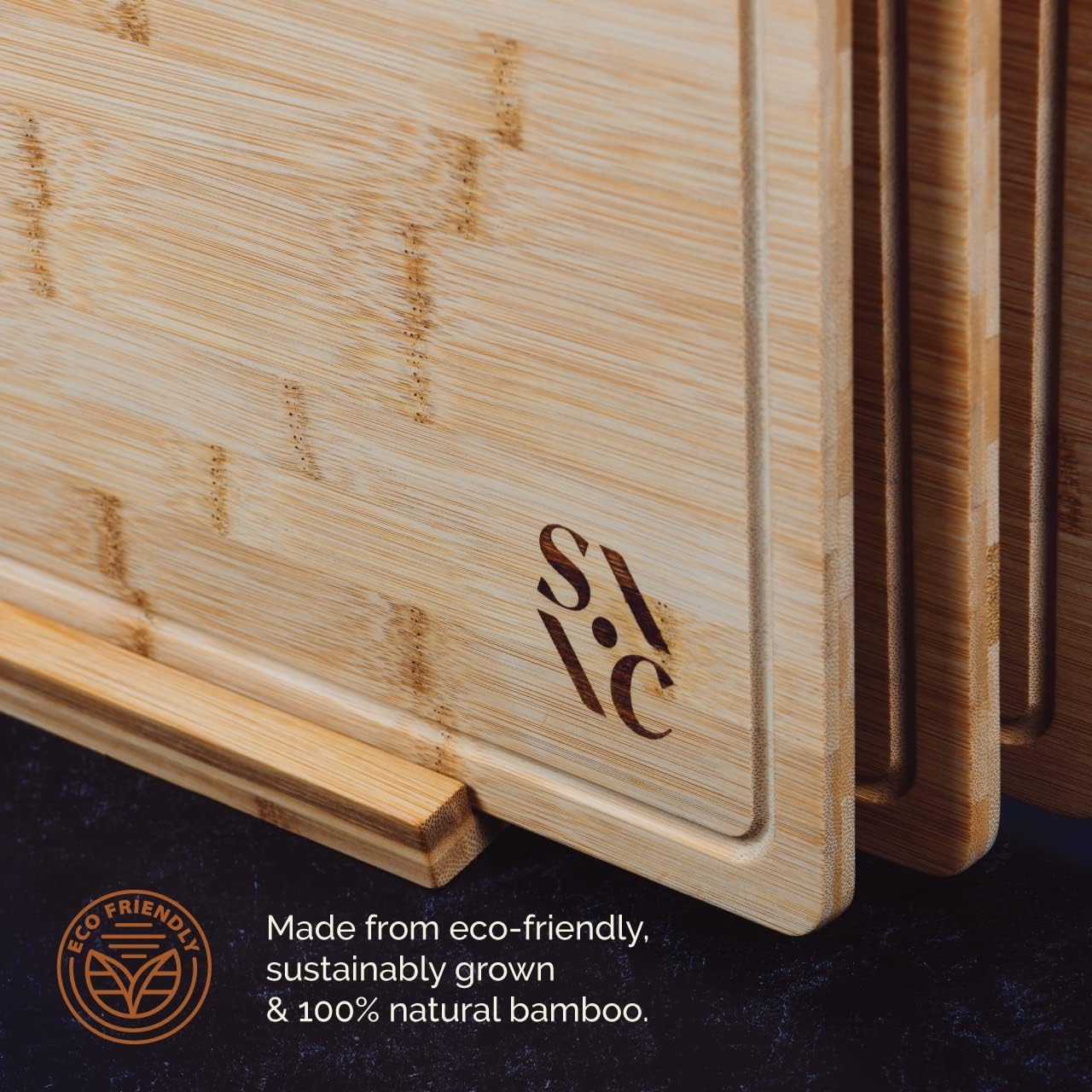 Stone & Clay Bamboo Wood Cutting Boards - Set of 3 (Small, Medium, and Large) Chopping Boards with Stand - Perfect for Cheese, Vegetables, Fruit, and Meats - Includes Juice Groove for Easy Cleanup