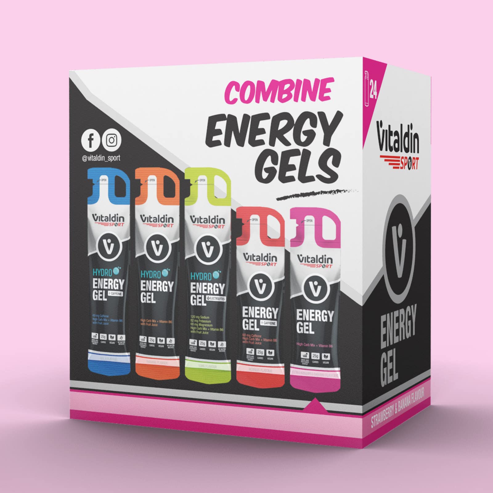 VITALDIN SPORT Energy Gel – 24 GEL x 40 gr – Gel Energetico Fragola & Banana con Vitamina B6 (Senza Caffeina) – Energia Rapida e Rilascio Graduale – Running, Ciclismo & Sport di Lunga Durata