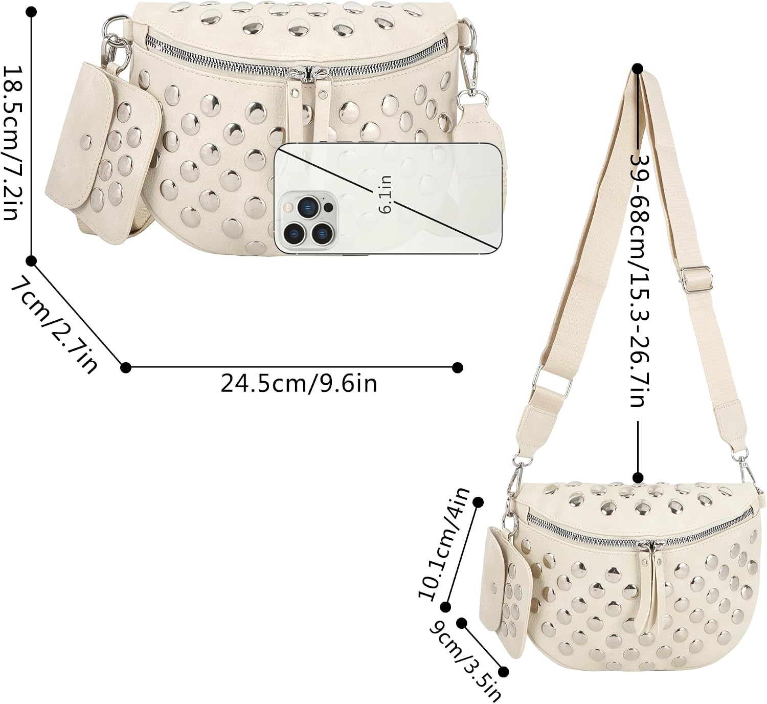 Women Rivet Faux Leather Fanny Pack Waist Bag Chest Bag Crossbody Shoulder Bag