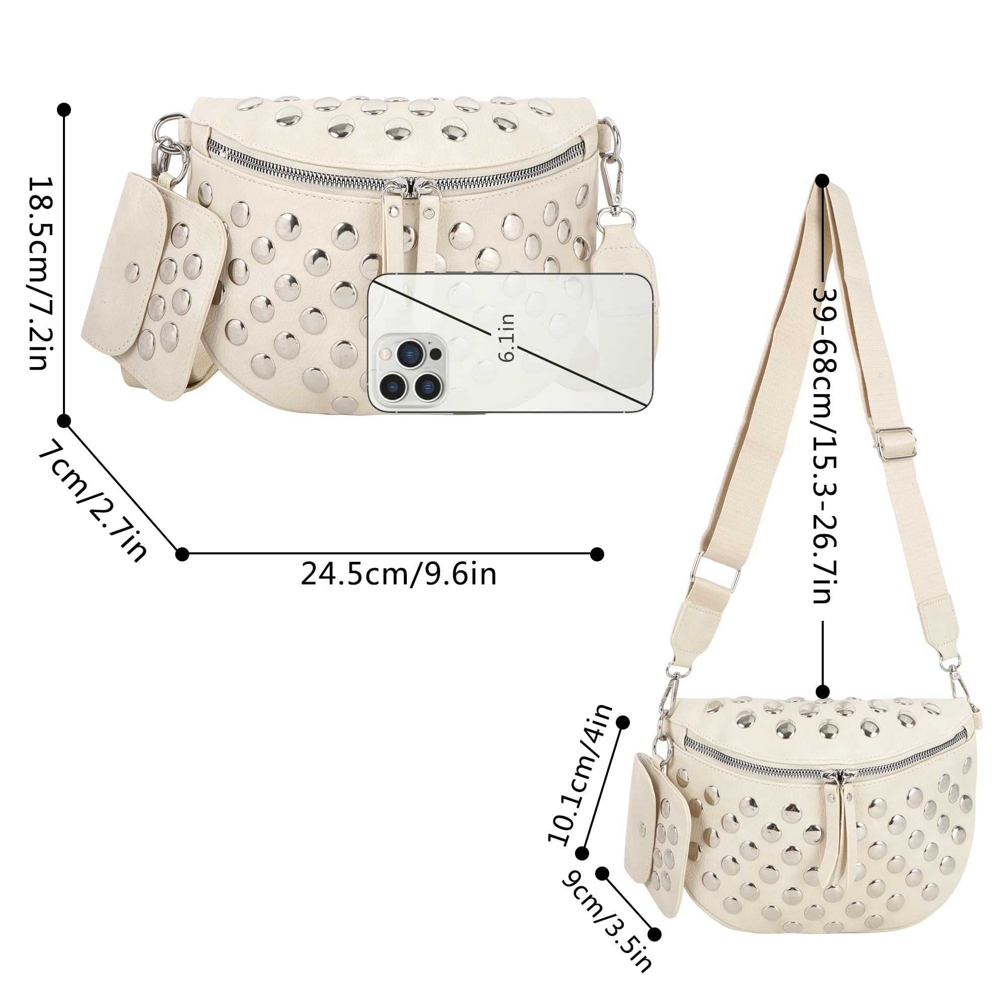 LABANCA Riñonera de piel sintética para mujer, con remaches y tachuelas y cremallera, bolsa de hombro para festival, 08676Blanco, 13.4 * 5.1 * 3.5 in, Casual