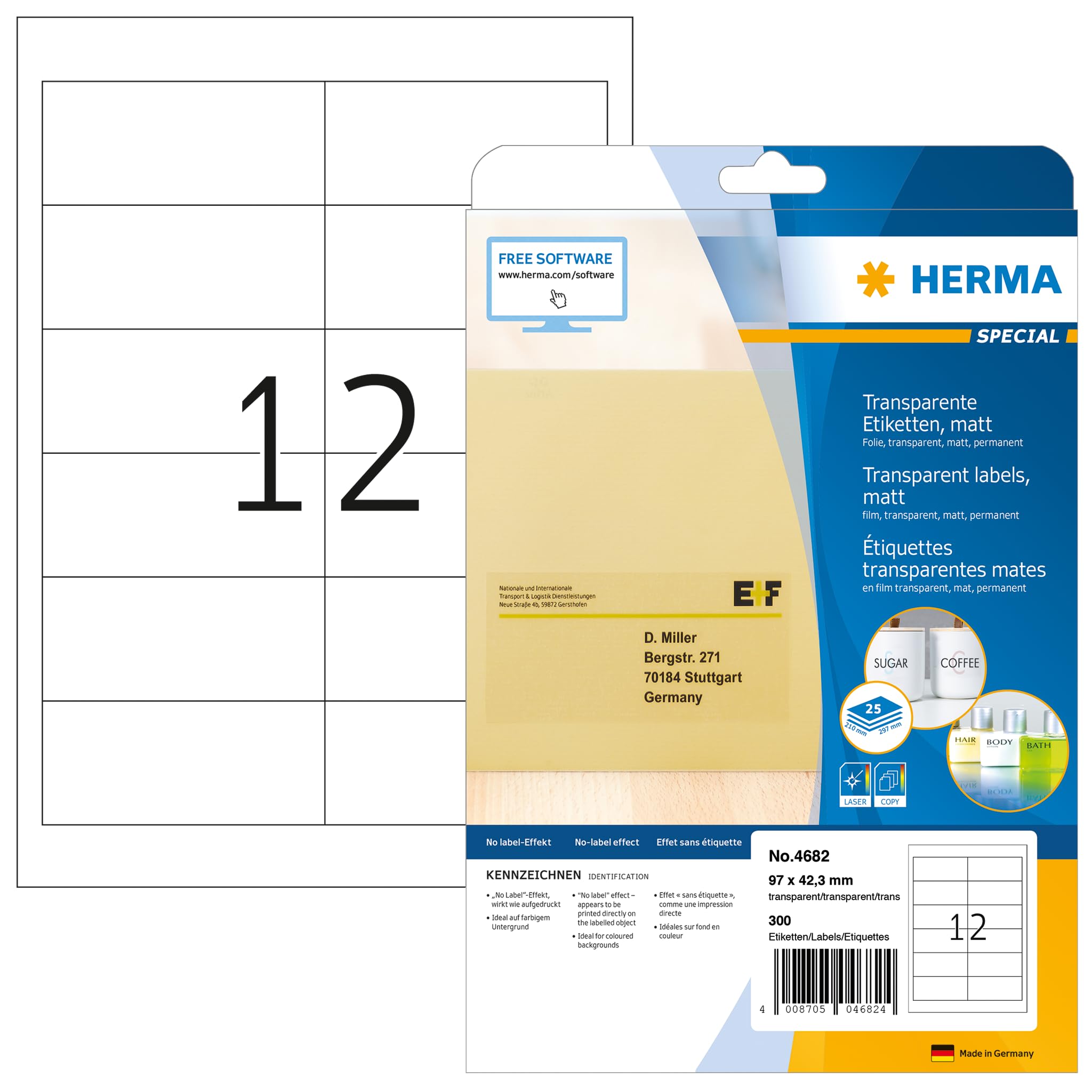 HERMA Self Adhesive Clear Film Labels, 12 Labels per A4 Sheet, 25 Sheets, 97 x 42.3 mm, 300 Labels, Blank Weatherproof Labels Stickers, Sticky Labels for Laser & Inkjet Printer, Transparent