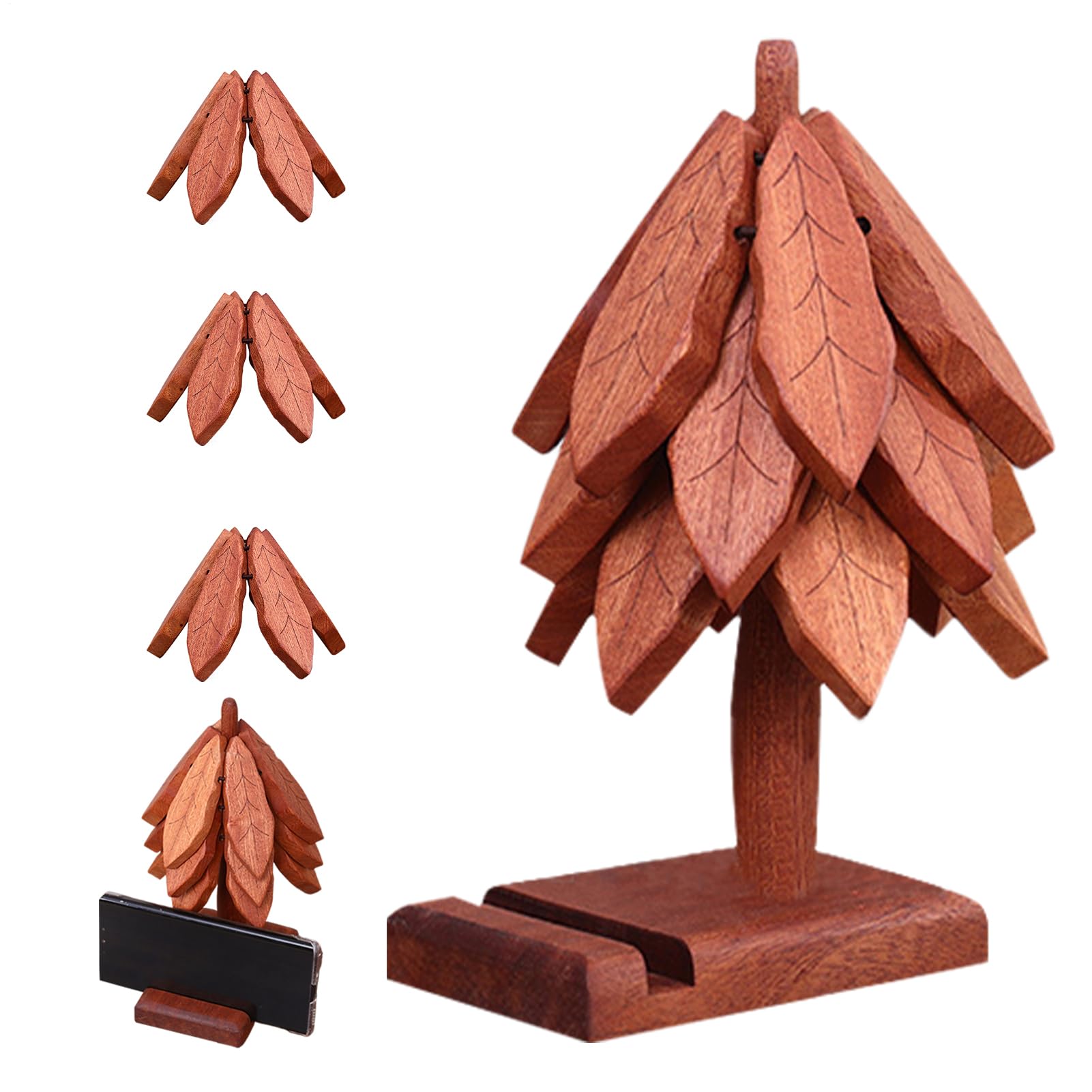 Juego De Posavasos Natural con Diseño De Árbol Base de Madera | Alfombrilla Térmica con Diseño de Soporte para Teléfono Para Hogar Restaurante Cocina Mesa Platos Caliente
