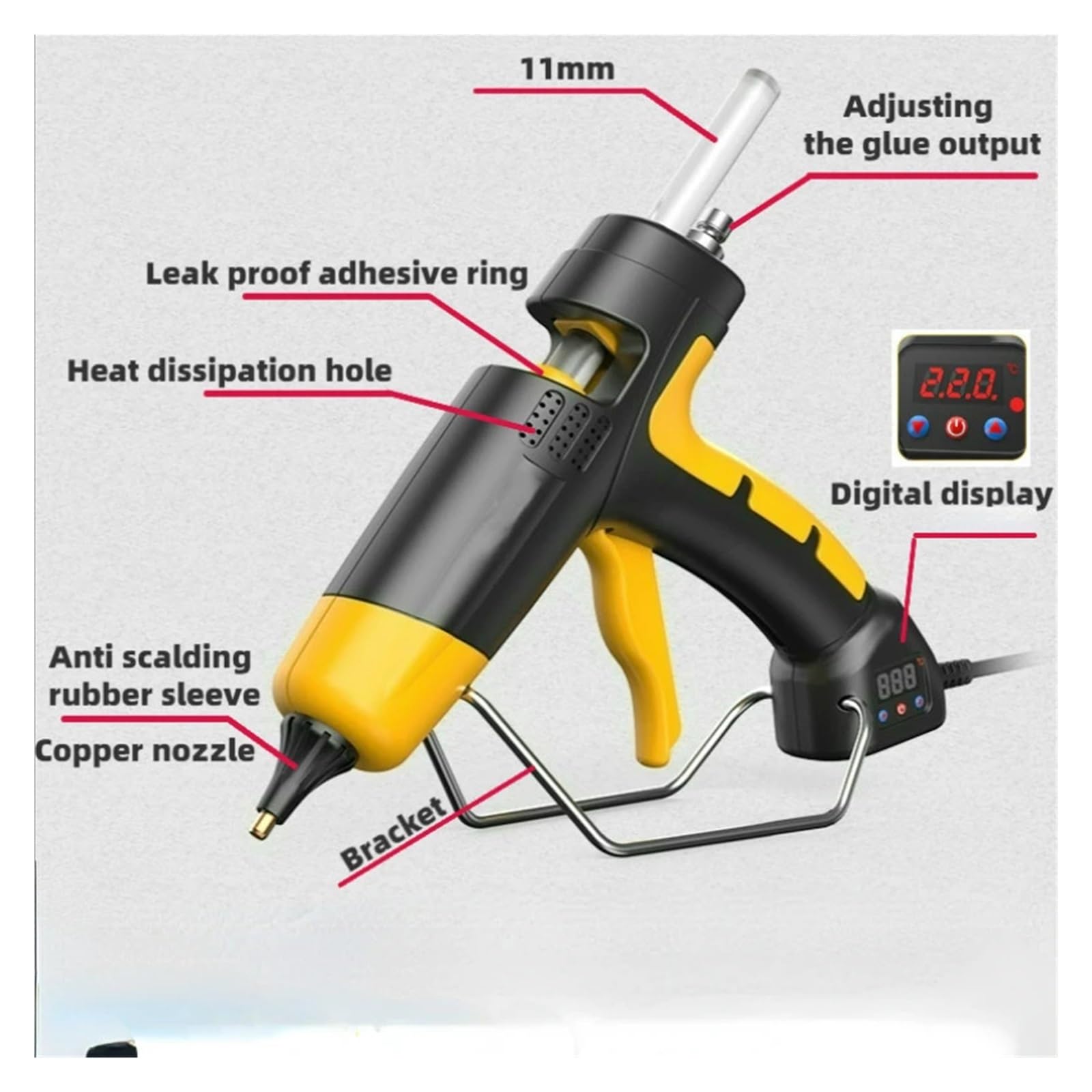 Pistola for colla a caldo da 300 W, display digitale, temperatura regolabile, ugello in rame, usa stick di 11 mm, strumento fai te for la casa, pistola for termica(Yellow,300W-Switch-Y)