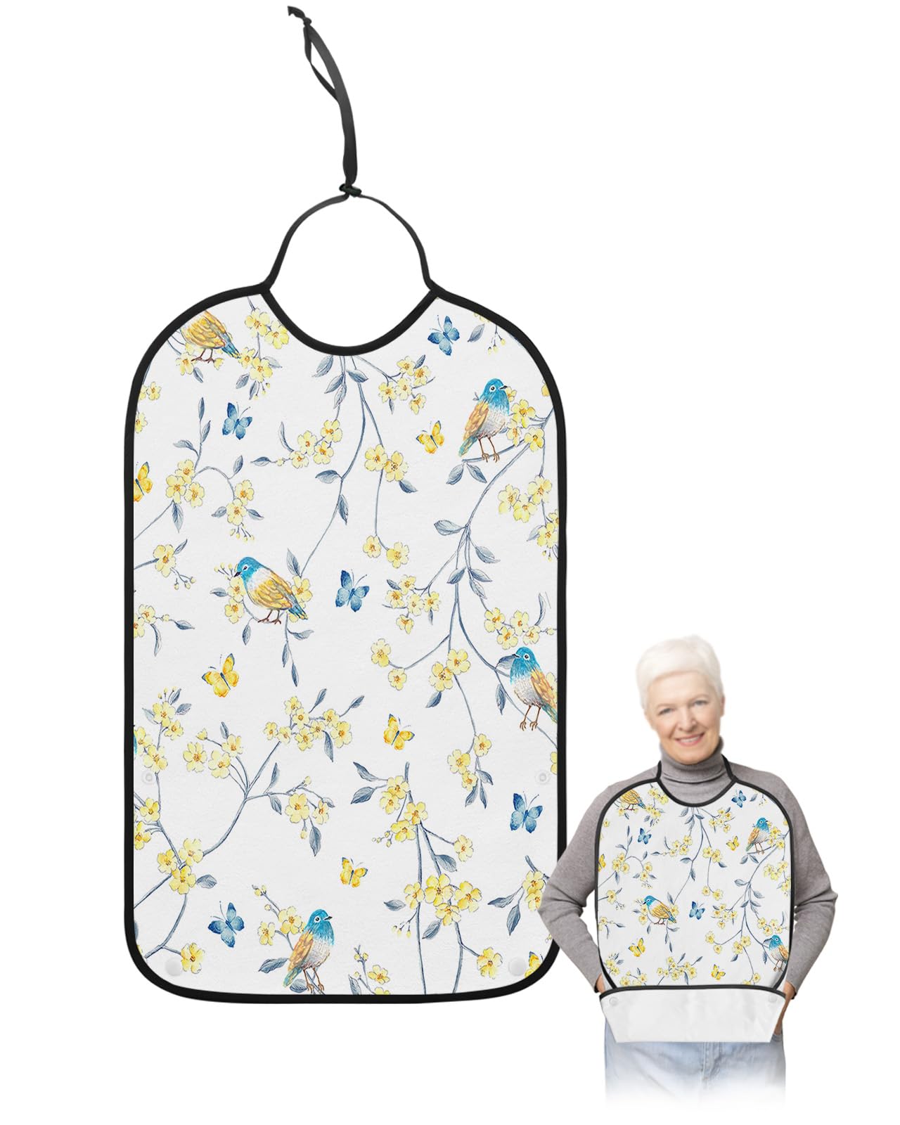 LEOKOTI Yellow Spring Floral Adult Bibs for Eating, Waterproof Bibs with Food Catcher & Adjustable Snap Closure, Watercolor Summer Birds Butterfly Washable Clothing Protectors Adult Bibs for Elderly