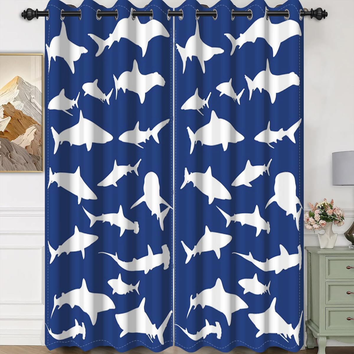 Cute Whales Window Curtains White Sharks Pattern Printed Navy Blue Blackout Window Drapes for Living Room Kids Bedroom Decor Window Treatments Fabric Set of 2 Panel, 21x45 Inch