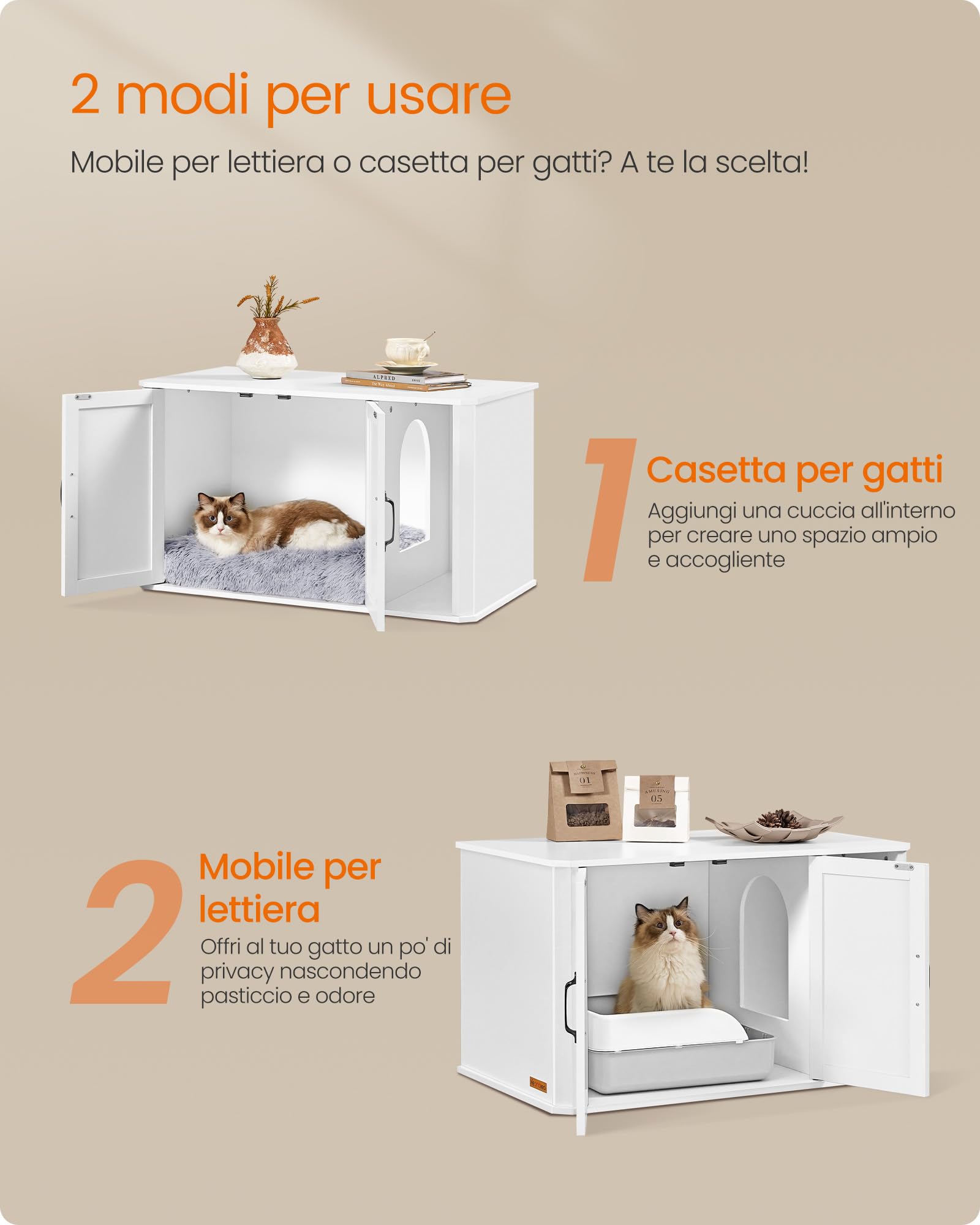 Feandrea Mobile per Lettiera, Mobile Moderno per Lettiera Nascosto, con Ingresso Frontale, Doppie Porte, Maniglie, Casetta per Gatti, Tavolino Laterale, 85 x 48,5 x 50 cm, Bianco Nuvola PCL012W01