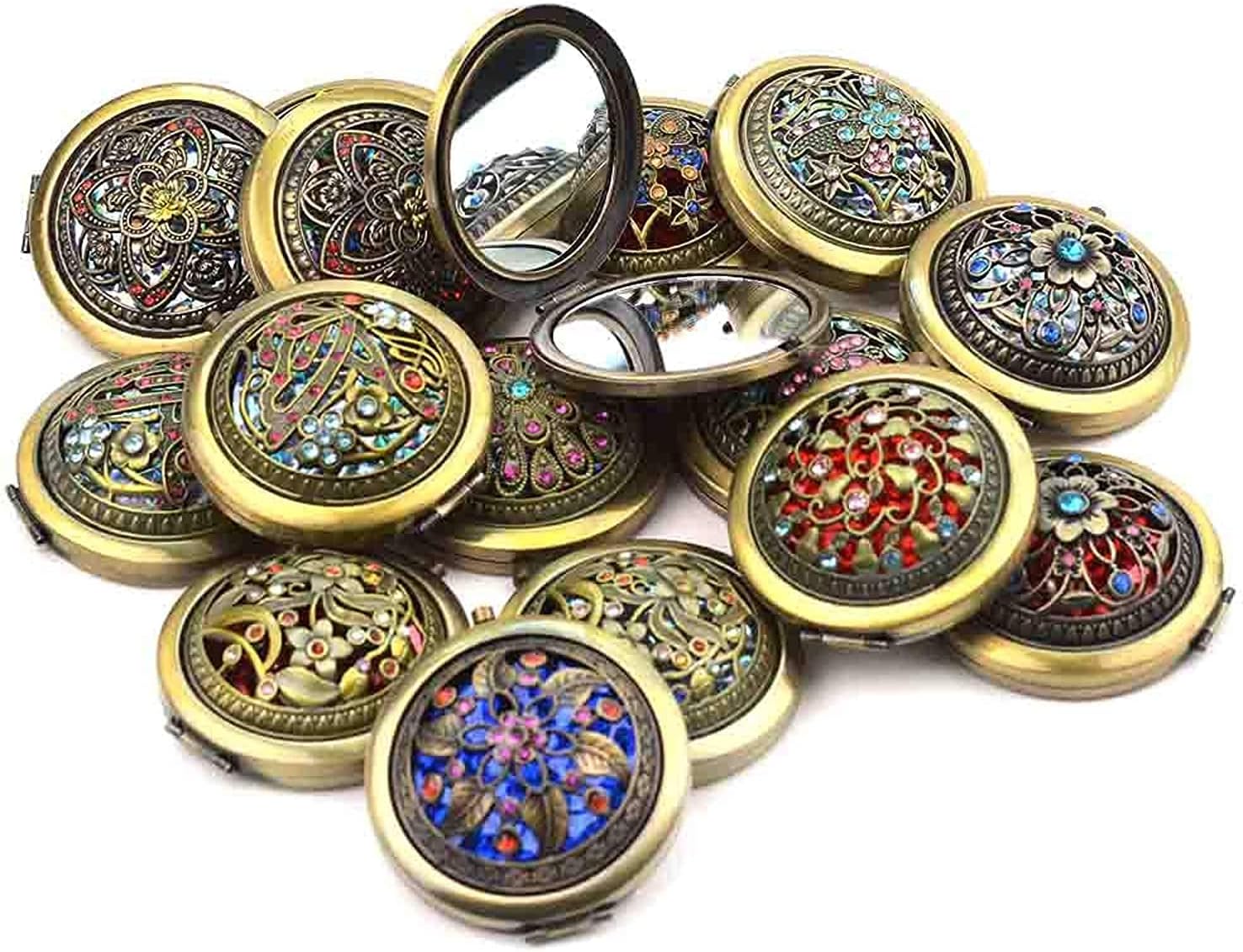 Compact Mirror Vintage Round Makeup Mirror Folding Mini Pocket Mirror Portable Hand Mirror Travel Makeup Mirror For Women Girls (Random Style Pack of 1, Tabletop Mount, Framed, Gold)