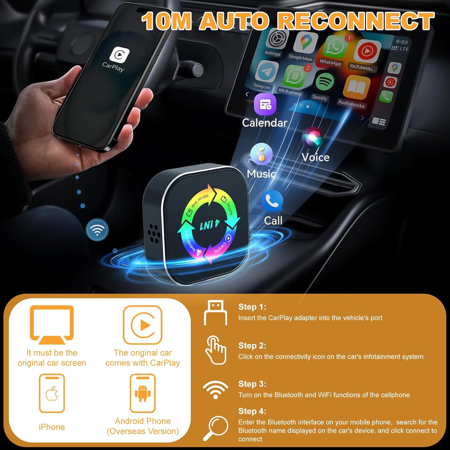 2026 Upgraded Wireless Carplay Adapter, 4 in 1 Screen Mirroring Support Mirror Link/AirPlay for Apple CarPlay & Android Auto, Mini USB/Type-C Plug & Play Car Play Adapter, Wired to Wireless No Latency