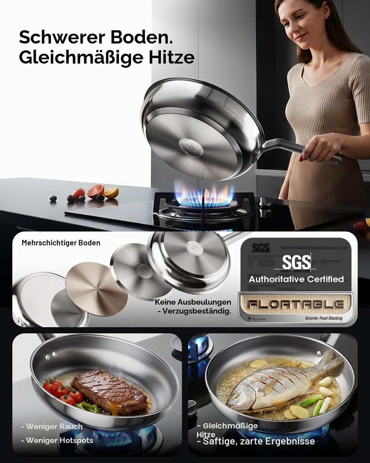 Pfannenset Edelstahl, 4-teilig 20,5/24,5/28,5 cm, Induktion, unbeschichtet