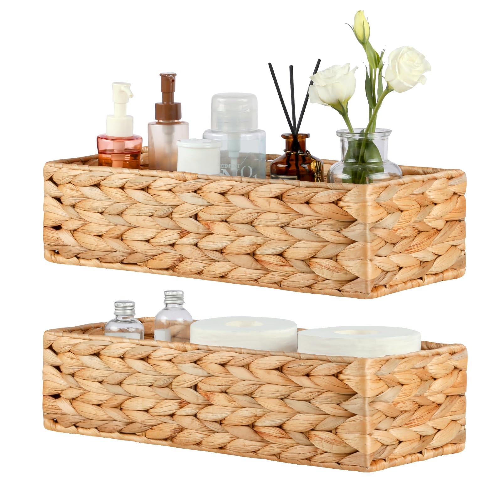 VILSSOVY 2Packs Wicker Storage Baskets for Toilet Paper Storage, Water Hyacinth Toilet Paper Basket, Handwoven Toilet Tank Basket for Bathroom, Laundry or Home Decor(15.7"x6.3"x3.9")