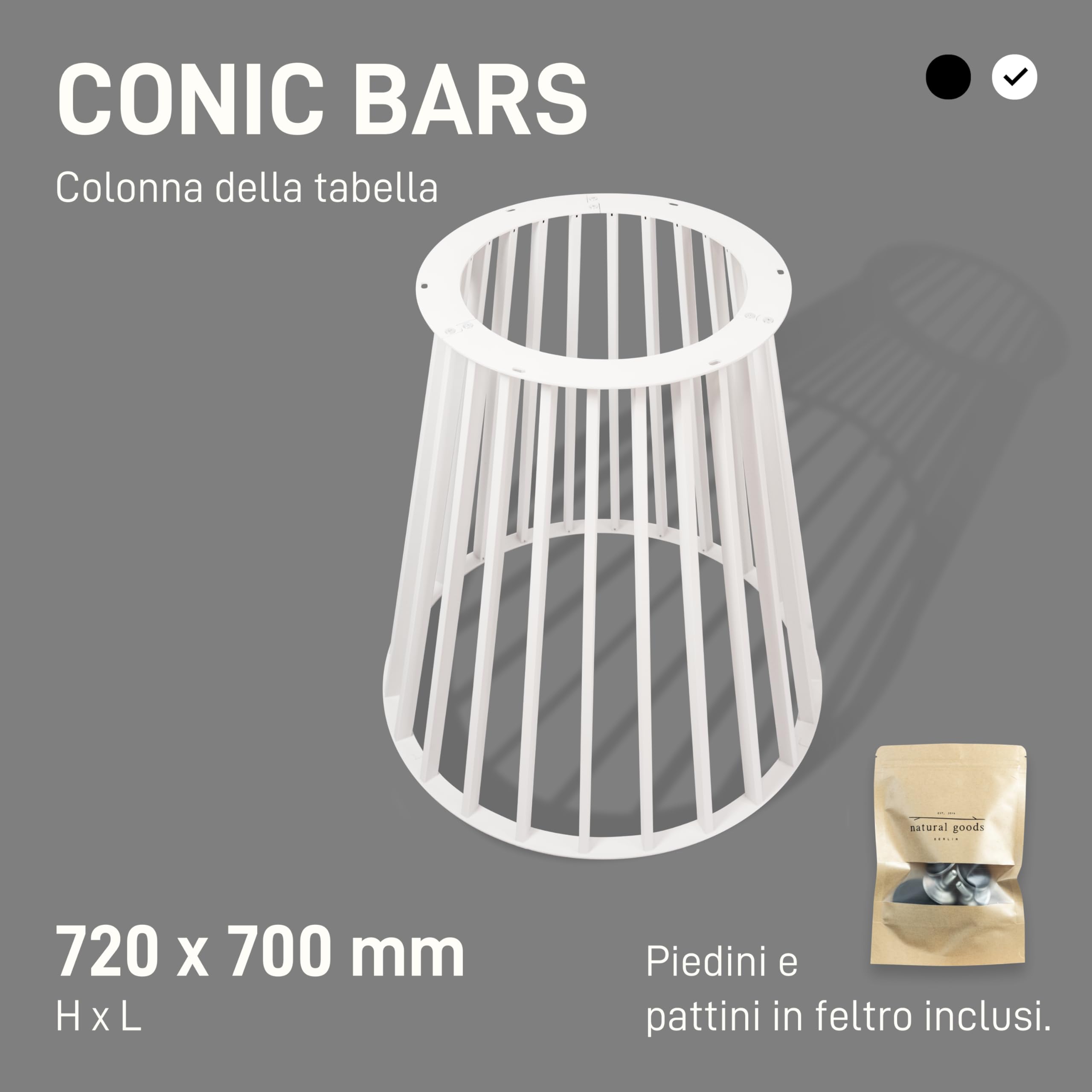 Natural Goods Berlin Colonna da tavolo Conic Bars gambe da tavolo Bianco Metallo - 720mm x 700mm - Telaio tavolo tavolo da pranzo rotondo - Gambe da tavolo per piano ovale in vetro - Piedini in