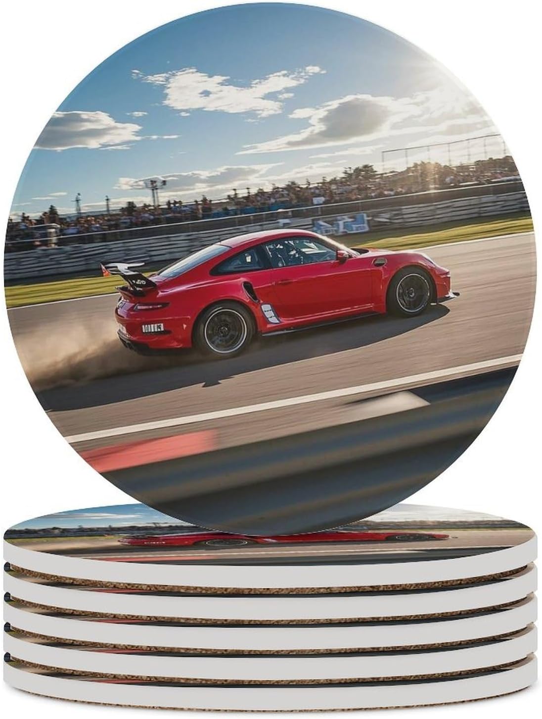 6PCS Rapid Sports Car Coasters Non-Slip Round Drink Coasters with Ceramic Stone and Cork Base, Heat Resistant Absorbent 33.00Stone Coaster Set for Kinds of Mugs and Cups, 4 Inch