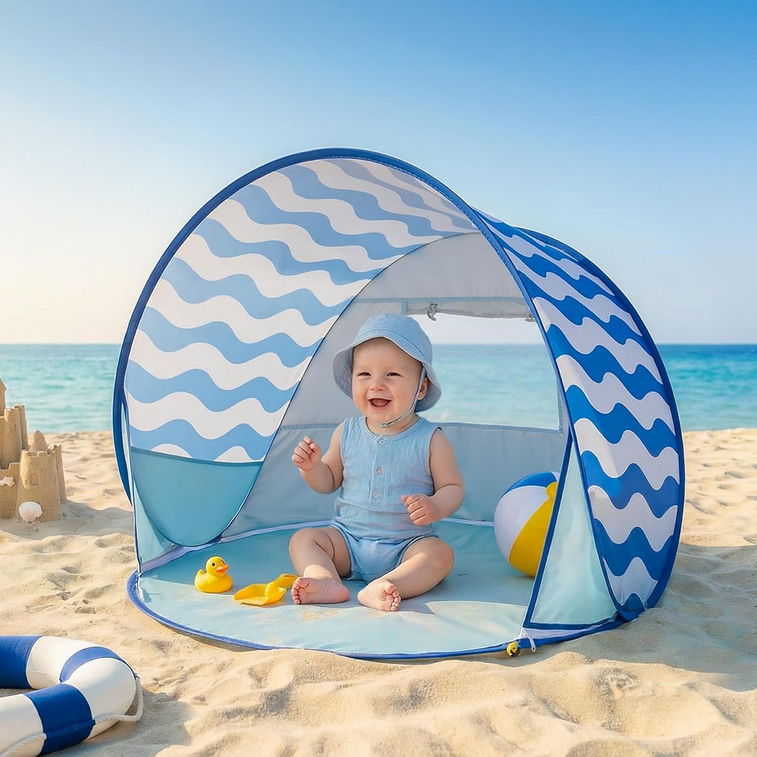 Baby Beach Tent - Pop Up Baby Tent with UPF 50+ UV Protection, Portable Sun Shelter, Outdoor Summer Beach Essentials for Infants (Blue Wave Stripes)