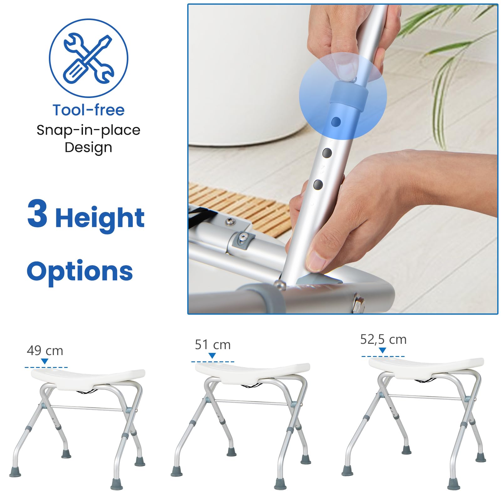 HOMASIS Taburete de Ducha Antideslizante Plegable en Altura de 3 Niveles, Taburete de Baño de Pie con Asiento en Forma de U, para Mayores, Discapacitados, Capacidad de 150 KG (Blanco y Gris)