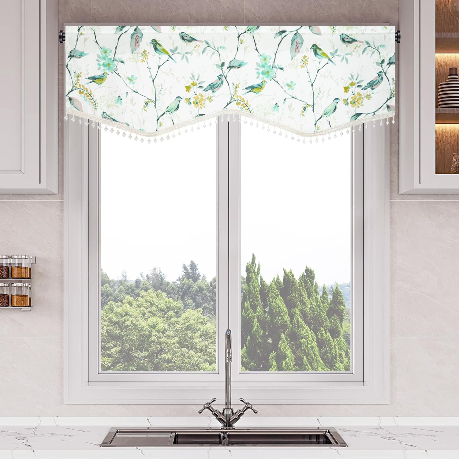 VOGOLFaux Linen Kitchen Curtains Valances, Country Style Bird Pattern Wrinkle Free Valance for Living Room,1 Panel Rod Pocket Window Topper for Laundry Room, 52 x 16 Inches