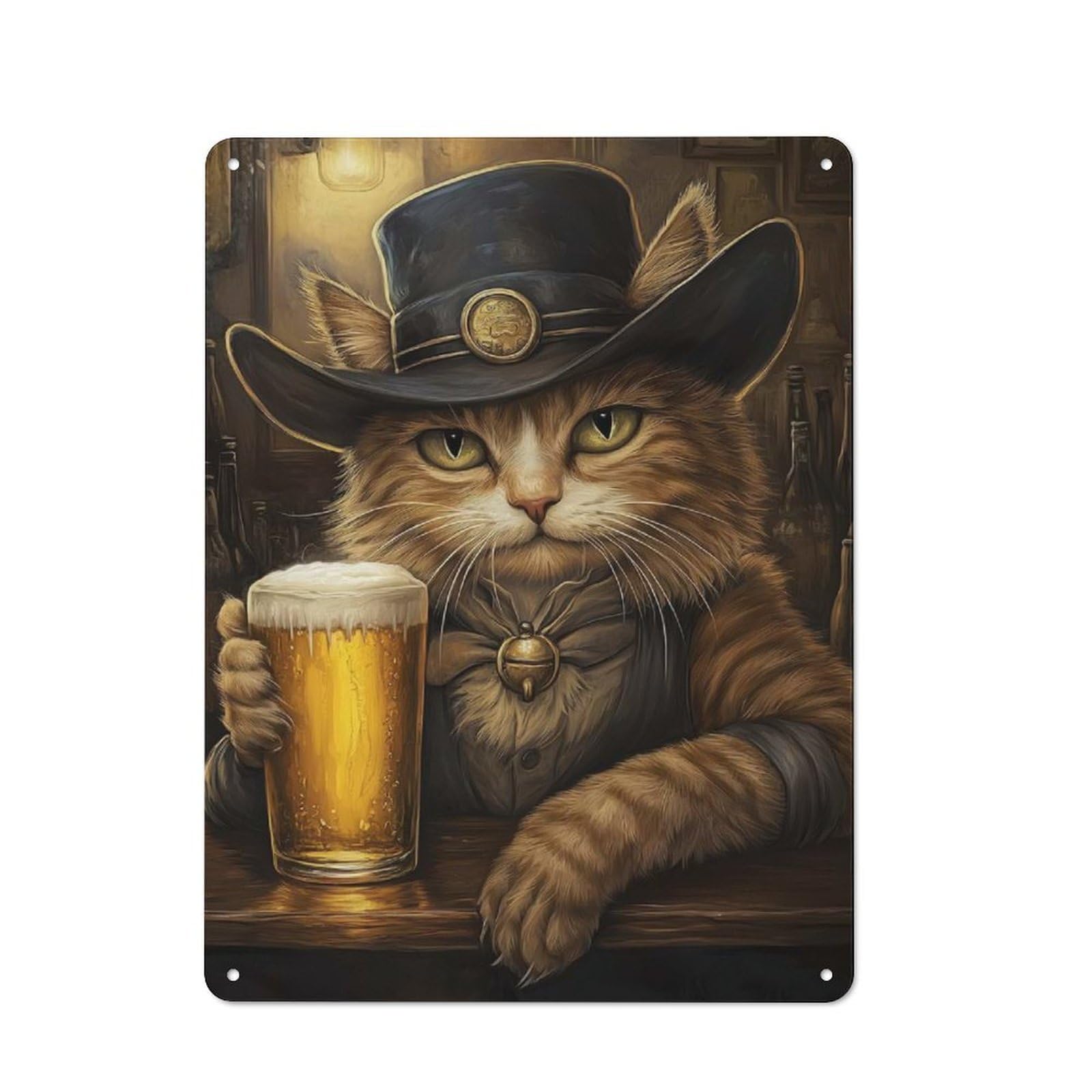 Rustic Tin Sign 40x30cm Featuring Cowboy Cat in A Saloon for Living Room Wall, for Room Styling Across Living Rooms And Feature Walls