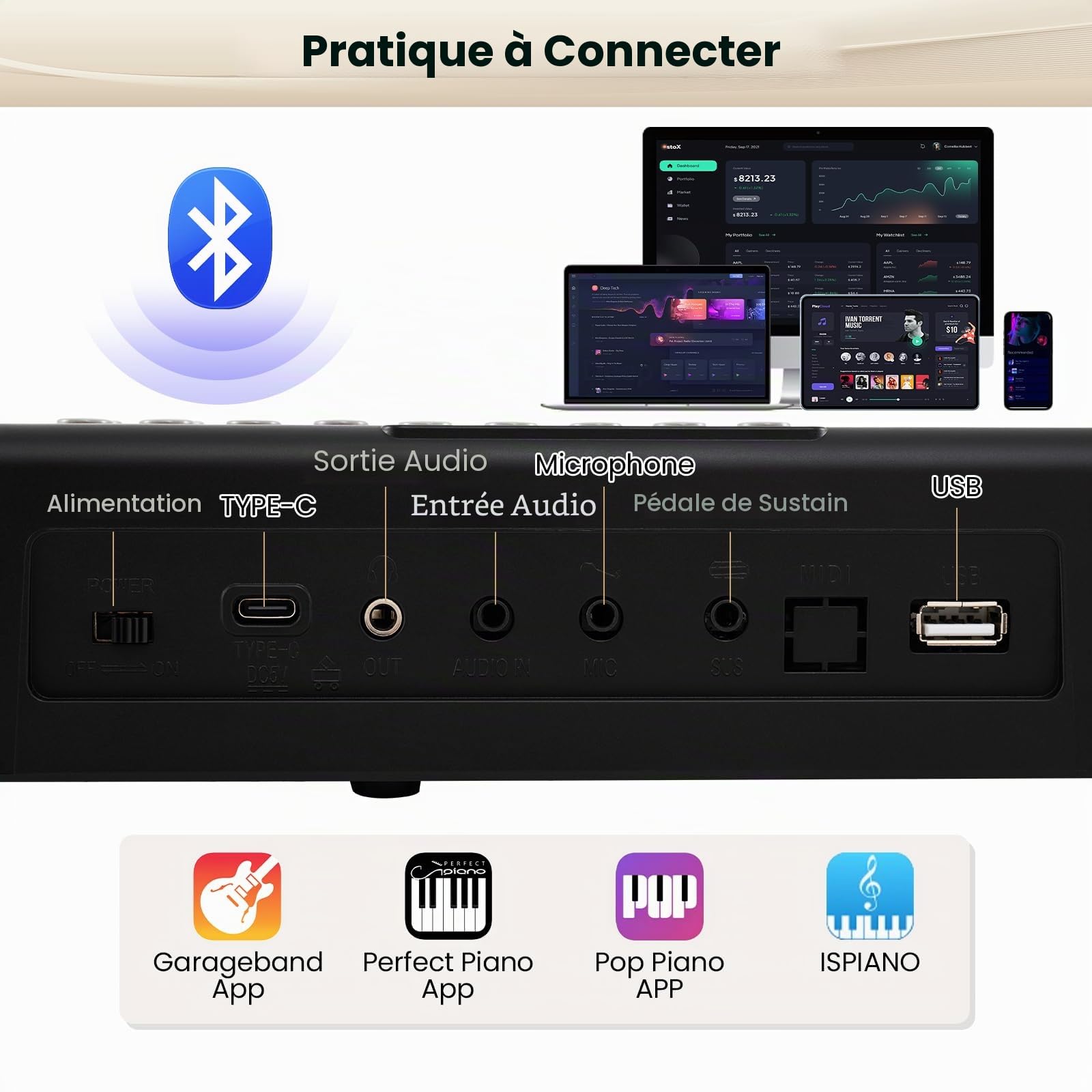 KOMFOTTEU Piano Numérique 61 Touches Multifonctionnel, Clavier Semi-Pondéré, Piano Électroniques pliable, avec Microphone & Double Haut-parleurs, 3 Modes d’Enseignement, MP3/USB/MIDI, noir