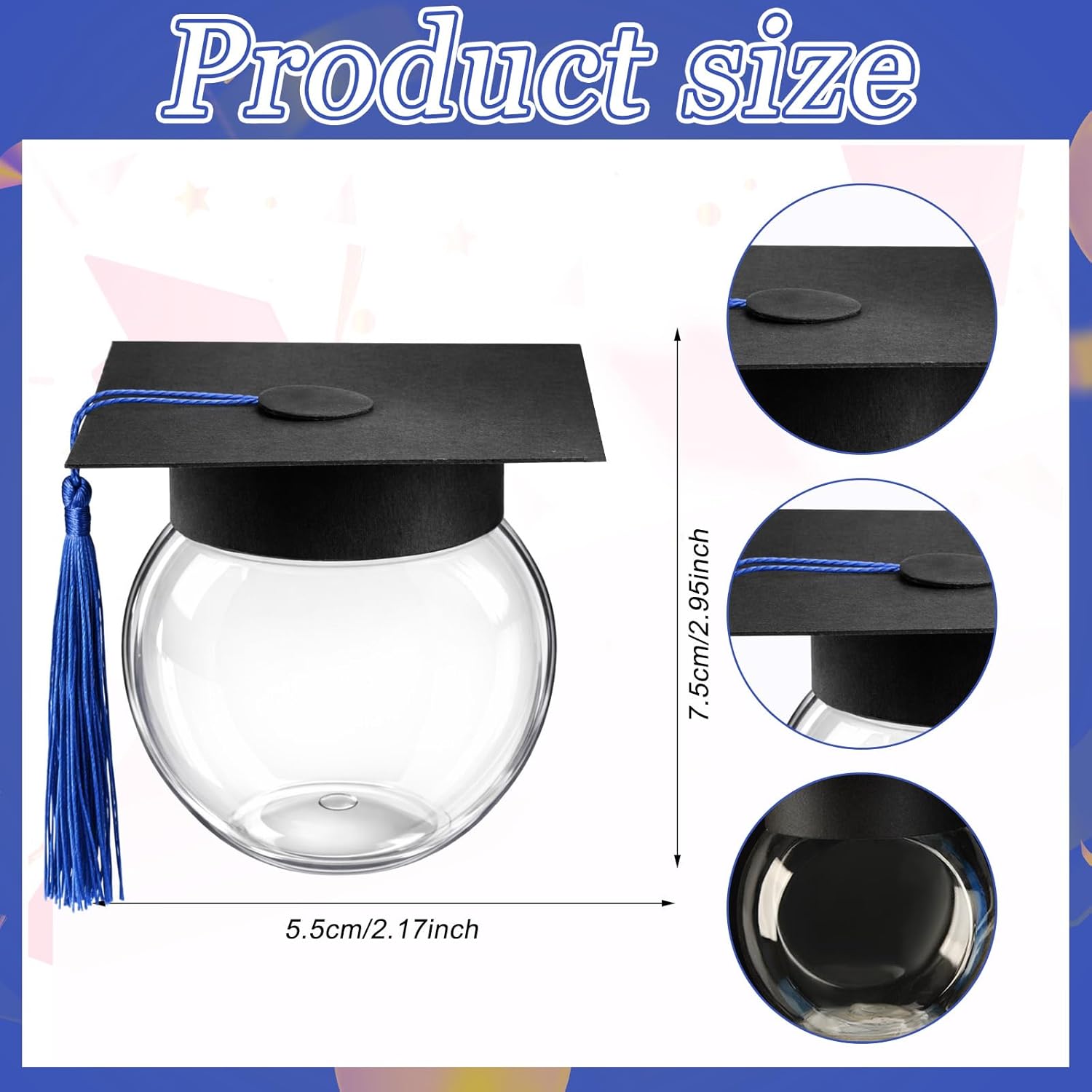 Teenyyou 24 Pcs Blue 2026 Graduation Cap Candy Jars Graduation Party Favors Candy Containers Bulk Grad Cap Box Jars Container with Tassels for DIY Table Party Supply Gifts