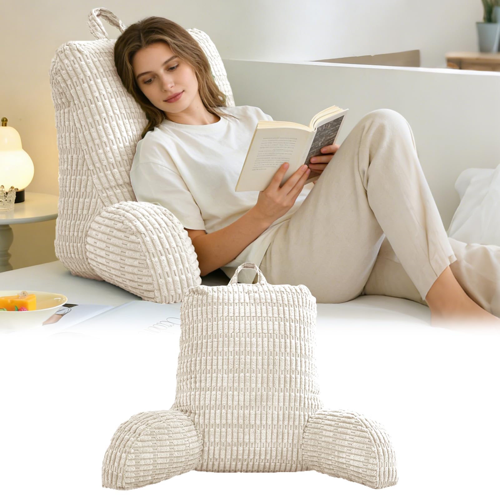 Coussin de Lecture pour Lit et Canapé, Canapé Adulte avec Coussin de Dossier, Coussin d'Assise avec Accoudoir, Dossier, Convient pour Regarder la Télévision, Lire, Jouer au Téléphone(Blanc)